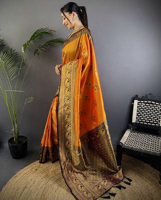 Orange silk blend floral butta zari weaving banarasi with peacock zari weaving border 2