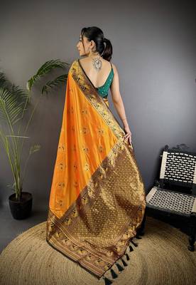 Orange silk blend floral butta zari weaving banarasi with peacock zari weaving border 3
