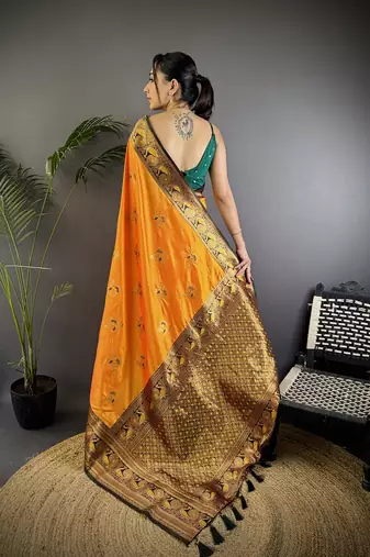 Orange silk blend floral butta zari weaving banarasi with peacock zari weaving border