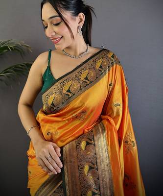 Orange silk blend floral butta zari weaving banarasi with peacock zari weaving border 4