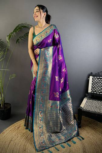 Magenta silk blend floral butta zari weaving banarasi with peacock zari weaving border