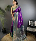 Magenta silk blend floral butta zari weaving banarasi with peacock zari weaving border