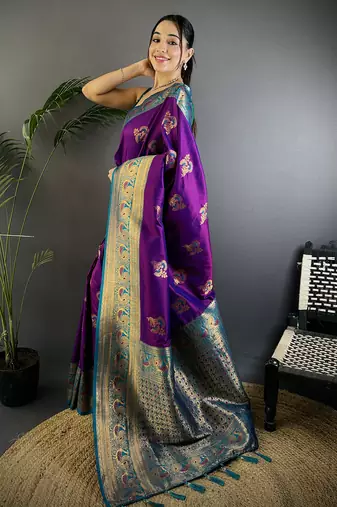 Magenta silk blend floral butta zari weaving banarasi with peacock zari weaving border
