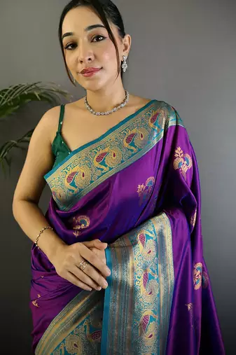 Magenta silk blend floral butta zari weaving banarasi with peacock zari weaving border
