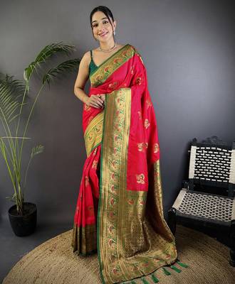 Red silk blend floral butta zari weaving banarasi with peacock zari weaving border 1