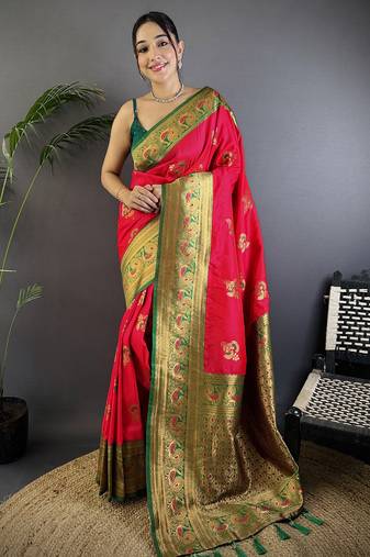Red silk blend floral butta zari weaving banarasi with peacock zari weaving border
