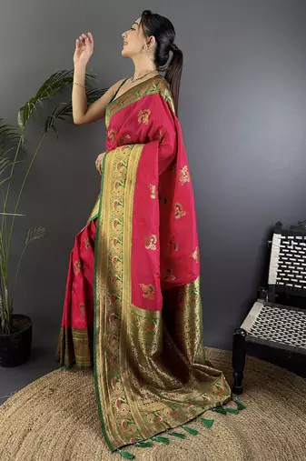 Red silk blend floral butta zari weaving banarasi with peacock zari weaving border