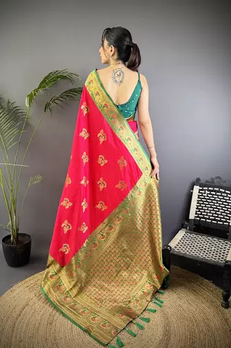 Red silk blend floral butta zari weaving banarasi with peacock zari weaving border