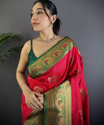 Red silk blend floral butta zari weaving banarasi with peacock zari weaving border 4