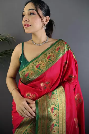 Red silk blend floral butta zari weaving banarasi with peacock zari weaving border