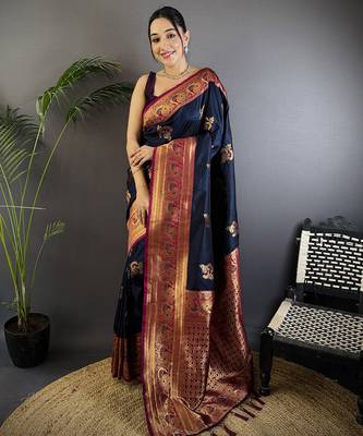 Navy blue silk blend floral butta zari weaving banarasi with peacock zari weaving border 1