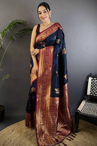 Navy blue silk blend floral butta zari weaving banarasi with peacock zari weaving border