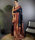 Navy blue silk blend floral butta zari weaving banarasi with peacock zari weaving border