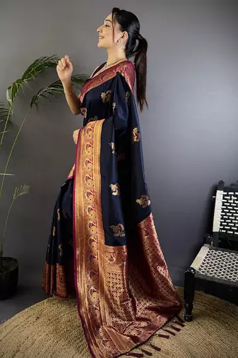 Navy blue silk blend floral butta zari weaving banarasi with peacock zari weaving border