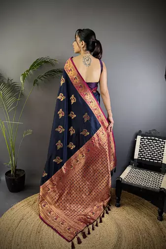 Navy blue silk blend floral butta zari weaving banarasi with peacock zari weaving border