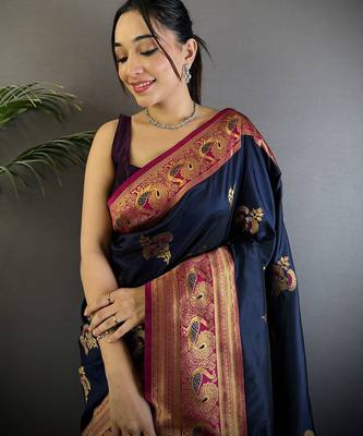 Navy blue silk blend floral butta zari weaving banarasi with peacock zari weaving border 4