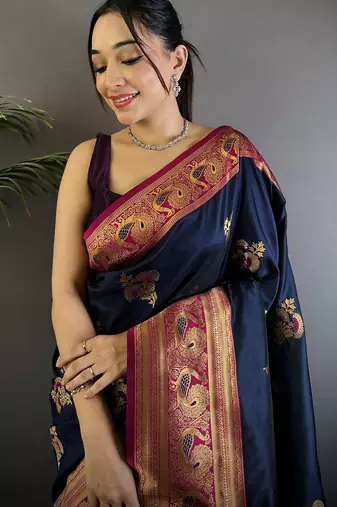 Navy blue silk blend floral butta zari weaving banarasi with peacock zari weaving border