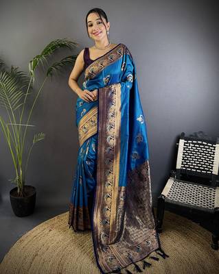 Royal  blue silk blend floral butta zari weaving banarasi with peacock zari weaving border 1