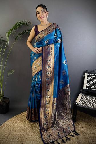 Royal  blue silk blend floral butta zari weaving banarasi with peacock zari weaving border