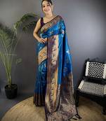 Royal  blue silk blend floral butta zari weaving banarasi with peacock zari weaving border