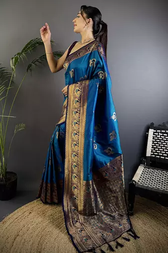Royal  blue silk blend floral butta zari weaving banarasi with peacock zari weaving border