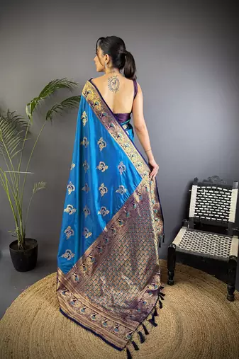 Royal  blue silk blend floral butta zari weaving banarasi with peacock zari weaving border