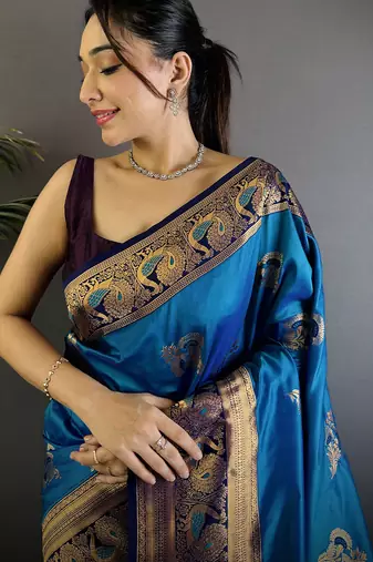 Royal  blue silk blend floral butta zari weaving banarasi with peacock zari weaving border