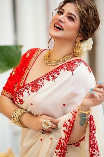 white multi red thread embroidered rangoli silk blend saree