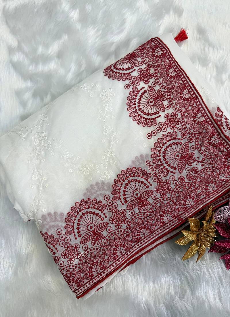white multi red thread embroidered rangoli silk blend saree - Prayosha ...