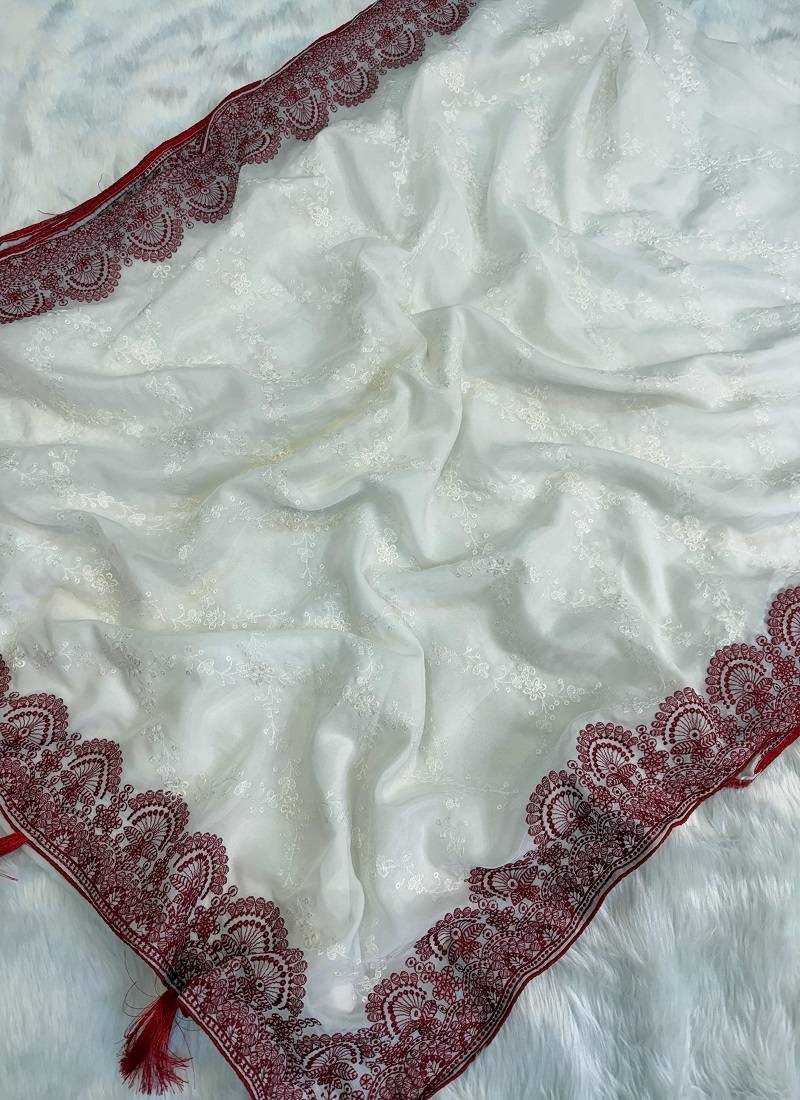 white multi red thread embroidered rangoli silk blend saree - Prayosha ...