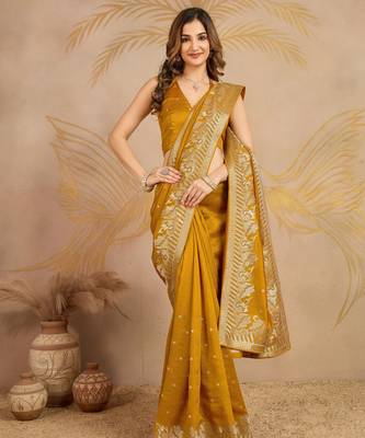 Yellow Art Silk Embroidery work Saree with Unstitched Blouse Piece 8