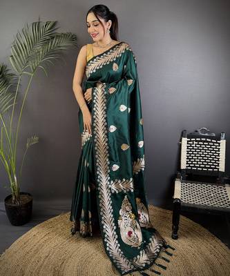 Deep teal silk blend meenakari zari weaving banarasi saree 1
