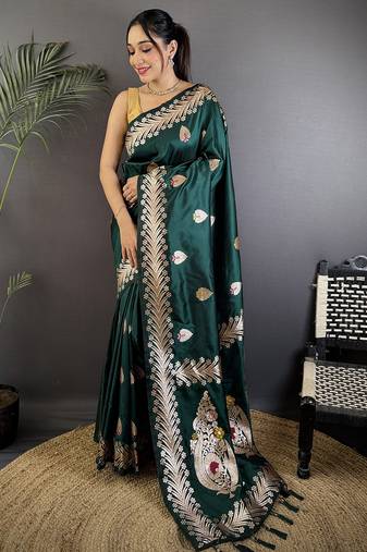 Deep teal silk blend meenakari zari weaving banarasi saree