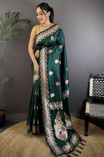 Deep teal silk blend meenakari zari weaving banarasi saree