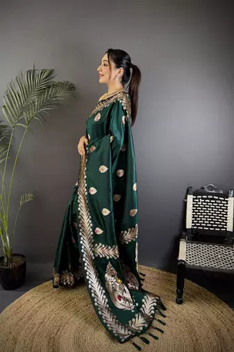 Deep teal silk blend meenakari zari weaving banarasi saree