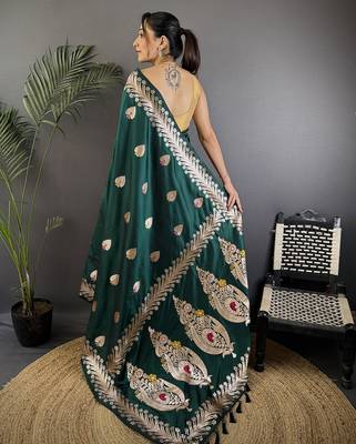 Deep teal silk blend meenakari zari weaving banarasi saree 3