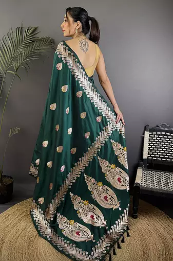 Deep teal silk blend meenakari zari weaving banarasi saree