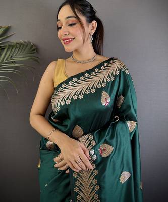 Deep teal silk blend meenakari zari weaving banarasi saree 4