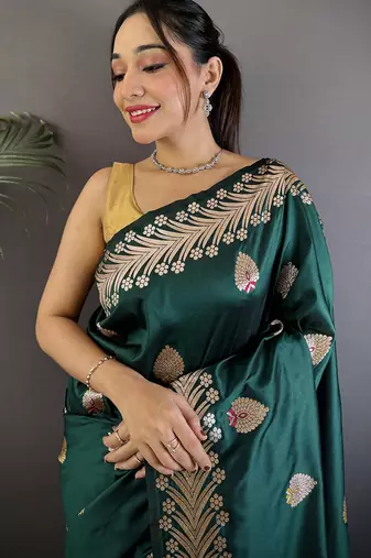 Deep teal silk blend meenakari zari weaving banarasi saree
