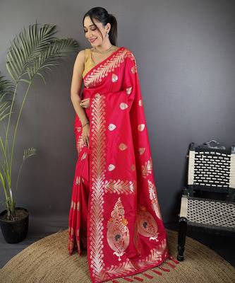 Pink silk blend meenakari zari weaving banarasi saree 1