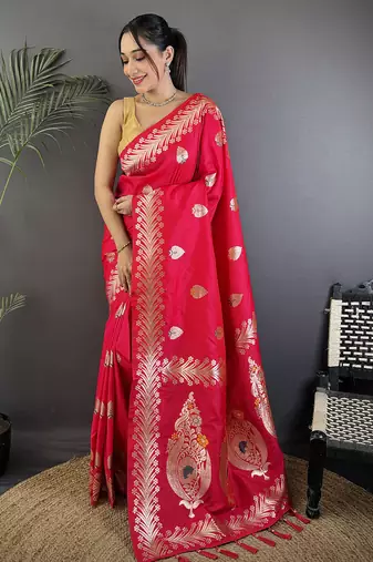 Pink silk blend meenakari zari weaving banarasi saree