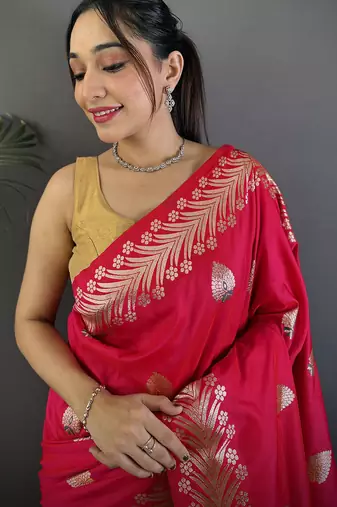 Pink silk blend meenakari zari weaving banarasi saree