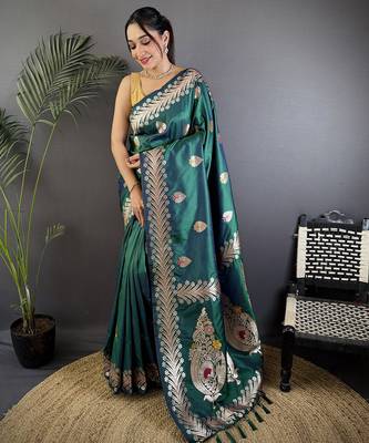 Dusty teal silk blend meenakari zari weaving banarasi saree 1