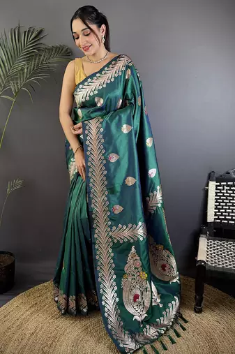 Dusty teal silk blend meenakari zari weaving banarasi saree