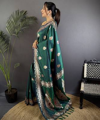 Dusty teal silk blend meenakari zari weaving banarasi saree 2
