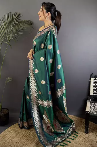 Dusty teal silk blend meenakari zari weaving banarasi saree