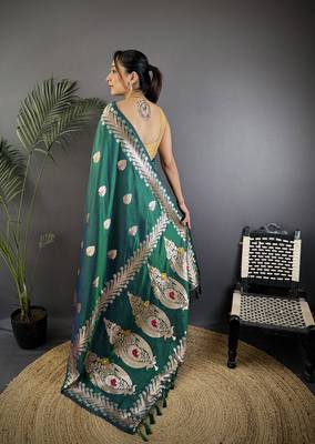 Dusty teal silk blend meenakari zari weaving banarasi saree 3