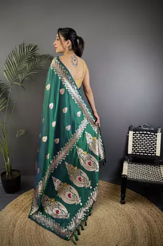 Dusty teal silk blend meenakari zari weaving banarasi saree