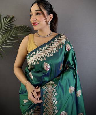 Dusty teal silk blend meenakari zari weaving banarasi saree 4