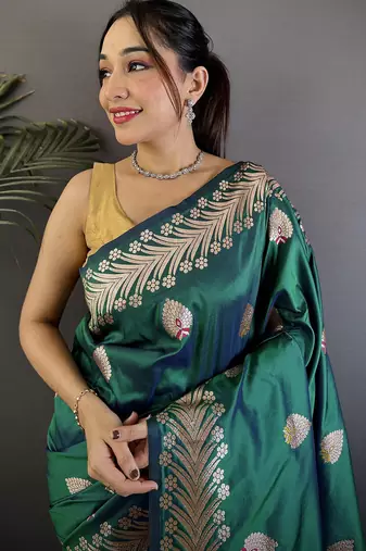 Dusty teal silk blend meenakari zari weaving banarasi saree